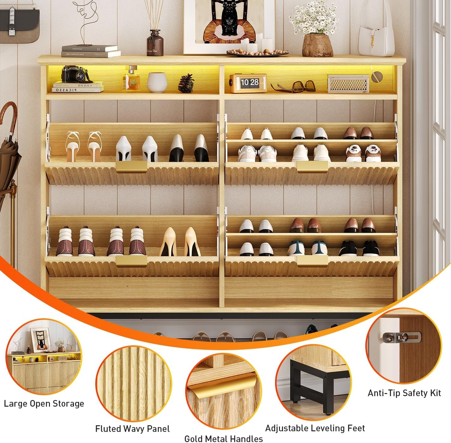 Fluted Shoe Storage Cabinet with 4 Flip Drawers, 47.24" Narrow Shoe Organizer Cabinet with LED Light, Slim Freestanding Shoe Rack Cabinet, Wooden Hidden Shoe Cabinet for Entryway, Hallway(Natural Oak)