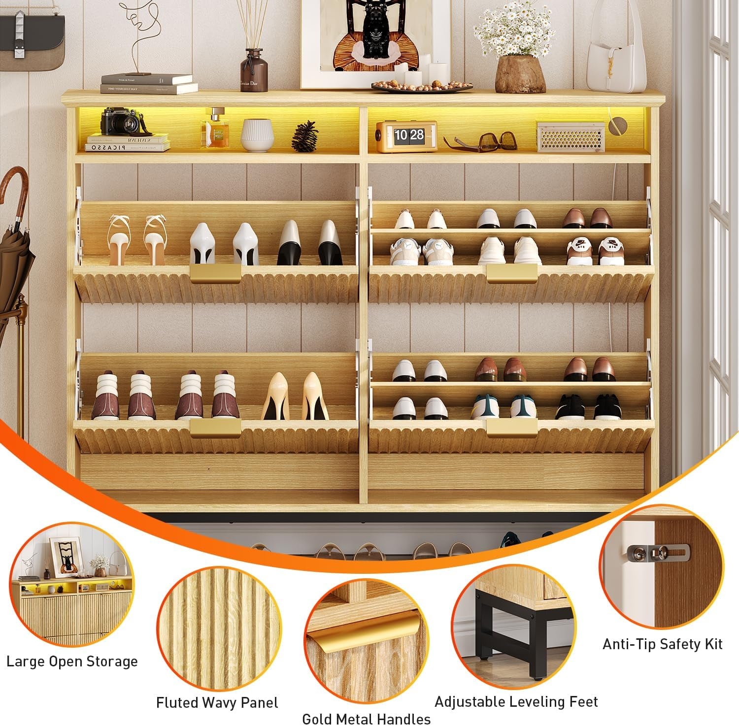 Fluted Shoe Storage Cabinet with 4 Flip Drawers, 47.24" Narrow Shoe Organizer Cabinet with LED Light, Slim Freestanding Shoe Rack Cabinet, Wooden Hidden Shoe Cabinet for Entryway, Hallway(Natural Oak)