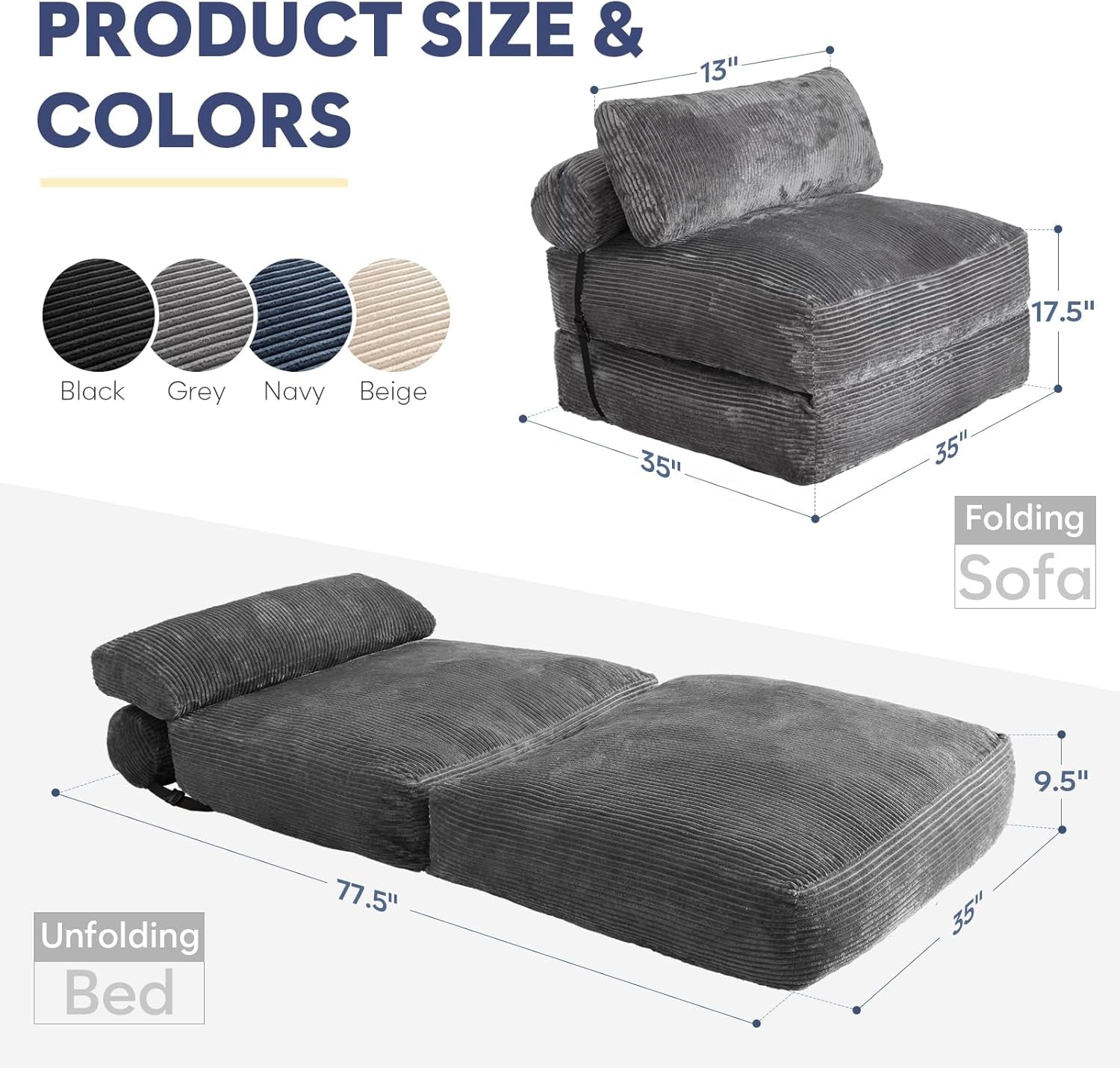 Folding Sofa Bed,Convertible Sleeper Chair Bed with Pillow,Foldable Futon Couch Mattress with Back Support,Portable Lazy Floor Sofa Lounger, Dark Grey, Single