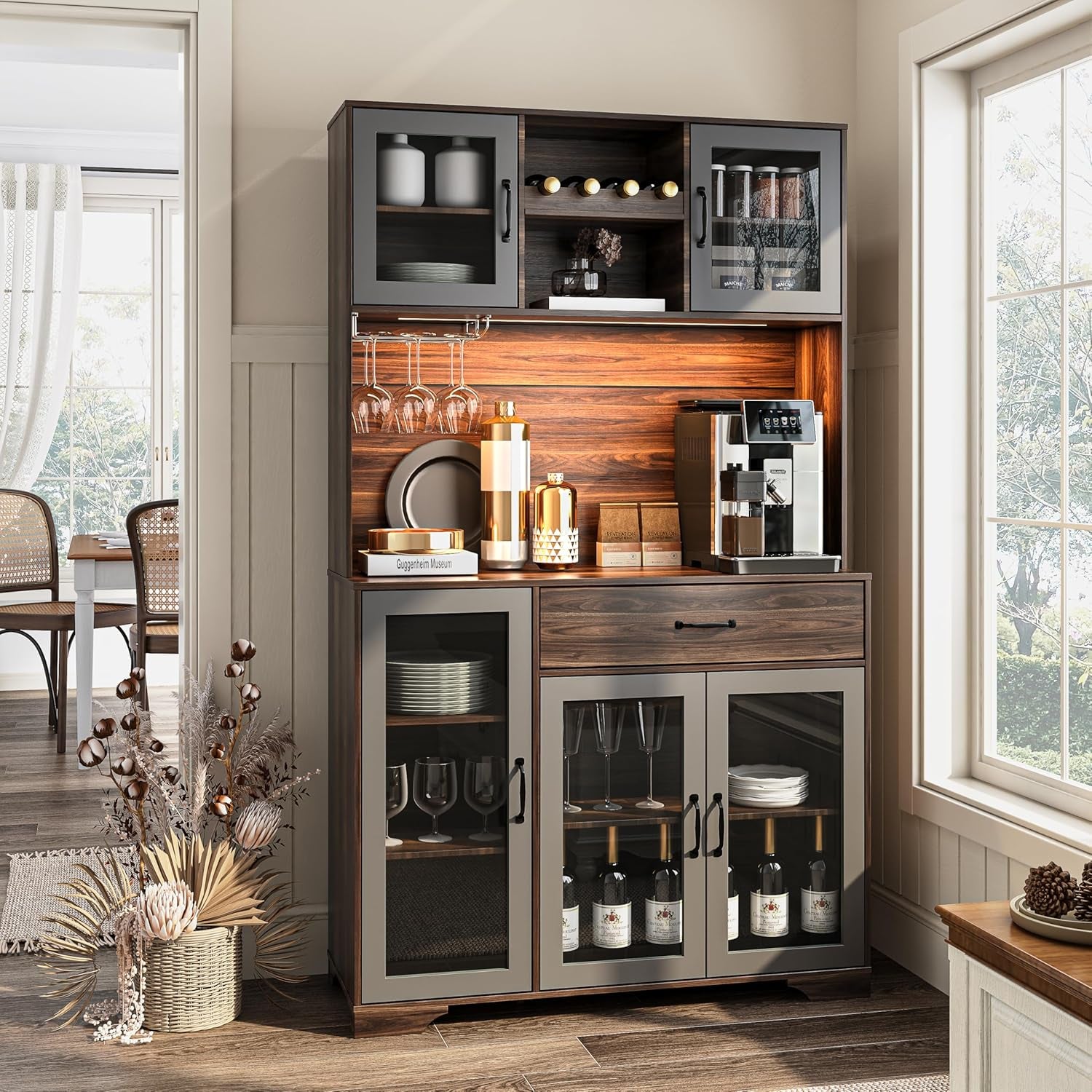 71" Tall Pantry Cabinet, Coffee Bar Storage Cabinet with Charging Station & LED Lights, Kitchen Hutch Food Pantry Cabinet with Wine Rack, Large Drawer, Adjustable Shelves & Microwave Stand, Brown | Coffee Bar, Liquor Cabinet, Power Outlet, LED Lights, Food Pantry, Microwave Stand