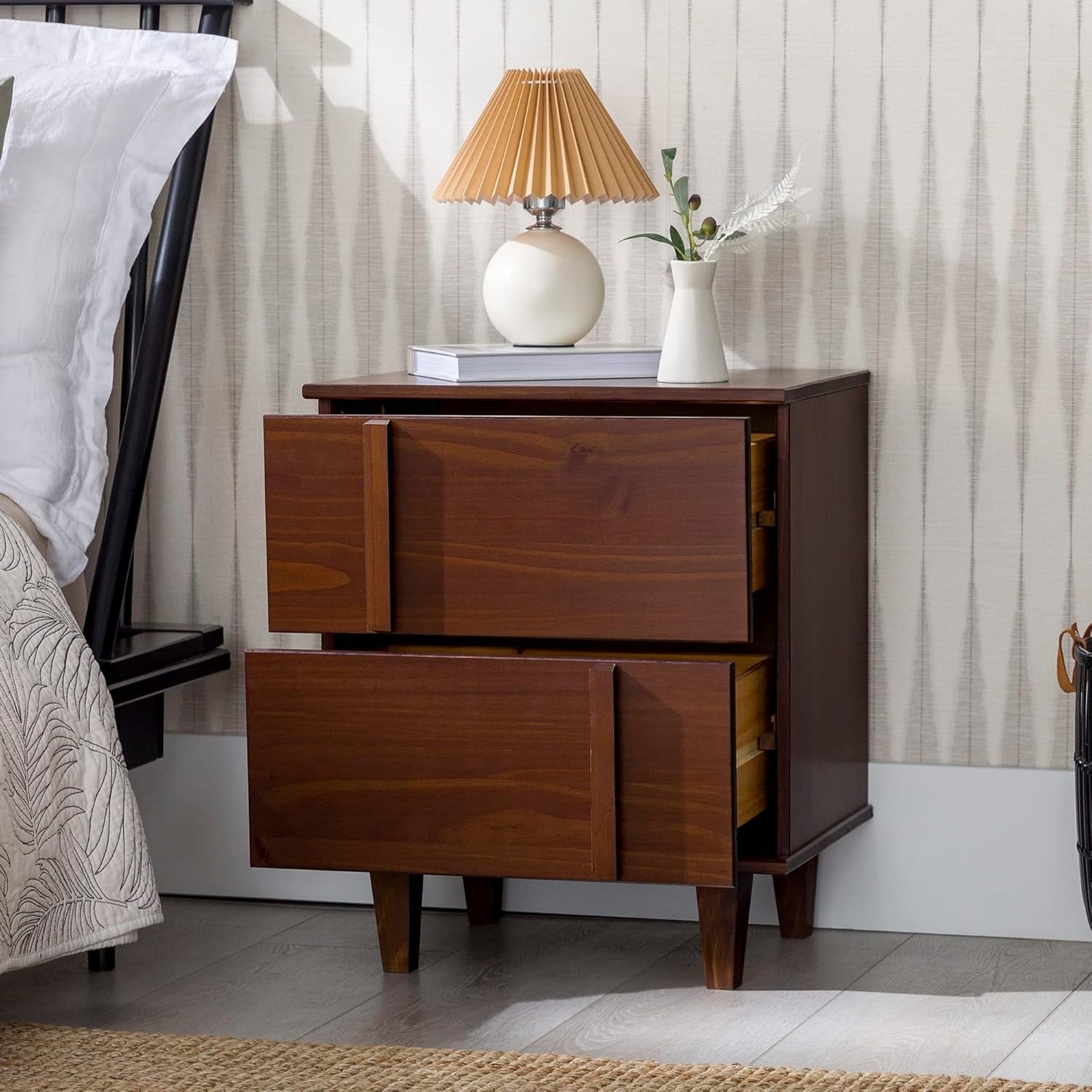 Sprague Contemporary Detailed Drawer Solid Wood Nightstand, 20 Inch, Walnut