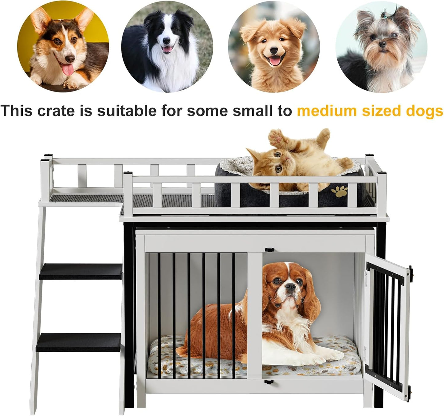 Dog Crate Furniture, Pet Bunk Bed with Stairs and Storage, Dogs/Cats Window Perch, with Multi-Purpose Blanket and Fluffy Dog Bed for Small Medium Size (55.1L X 28.5" W X 37.4" H)