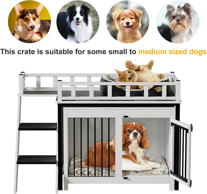 Dog Crate Furniture, Pet Bunk Bed with Stairs and Storage, Dogs/Cats Window Perch, with Multi-Purpose Blanket and Fluffy Dog Bed for Small Medium Size (55.1L X 28.5" W X 37.4" H)