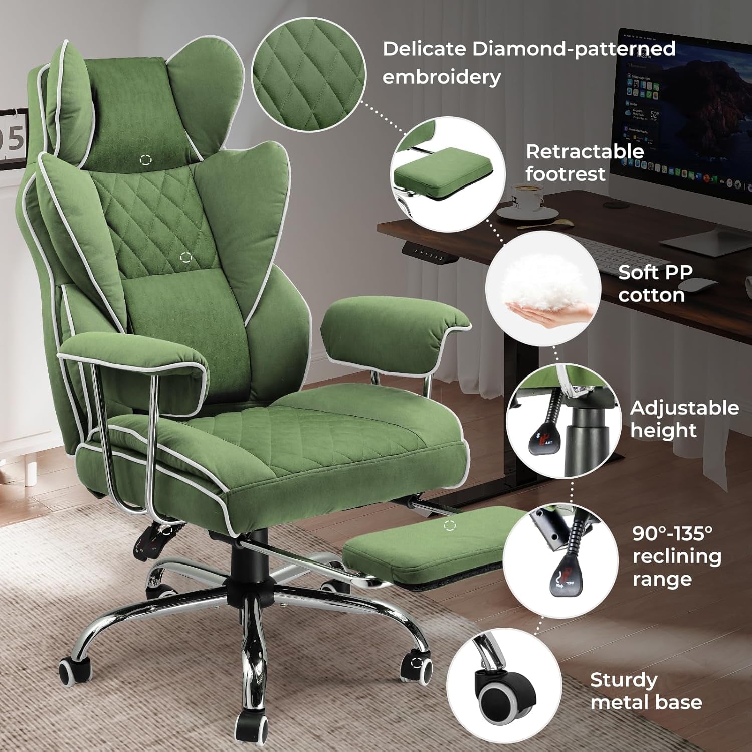 Big and Tall Office Chair, High Back Leather Gaming Chair with Footrest, Executive Ergonomic Office Chair with Pocket Spring Lumbar Support and with Outward Fixed Soft Armrests