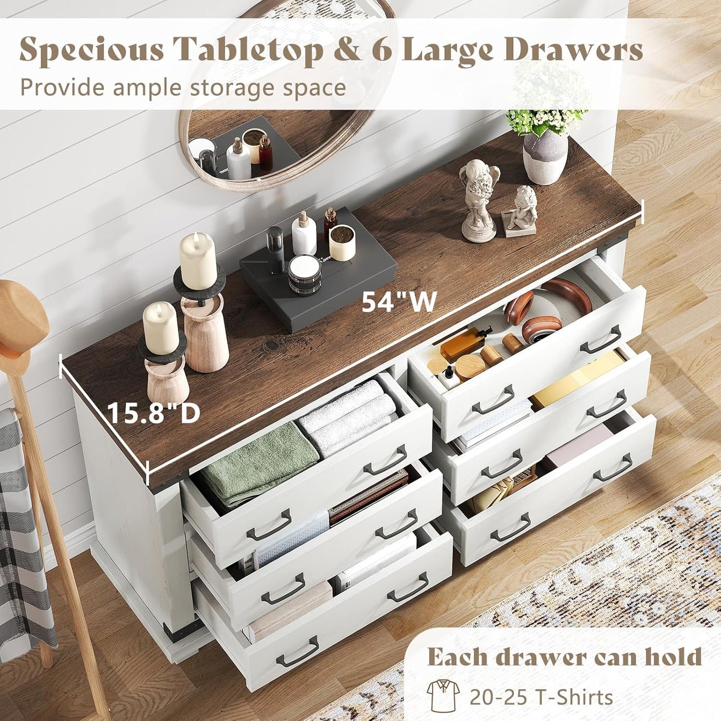 5-Piece Farmhouse Bedroom Set, Includes Wood Rustic King Bed Frame with 54" Tall Headboard, 6 Drawer Dresser Chests, 5 Drawers Tall Dresser, Nightstands Set of 2 with Charging Station, White