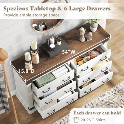 5-Piece Farmhouse Bedroom Set, Includes Wood Rustic King Bed Frame with 54" Tall Headboard, 6 Drawer Dresser Chests, 5 Drawers Tall Dresser, Nightstands Set of 2 with Charging Station, White