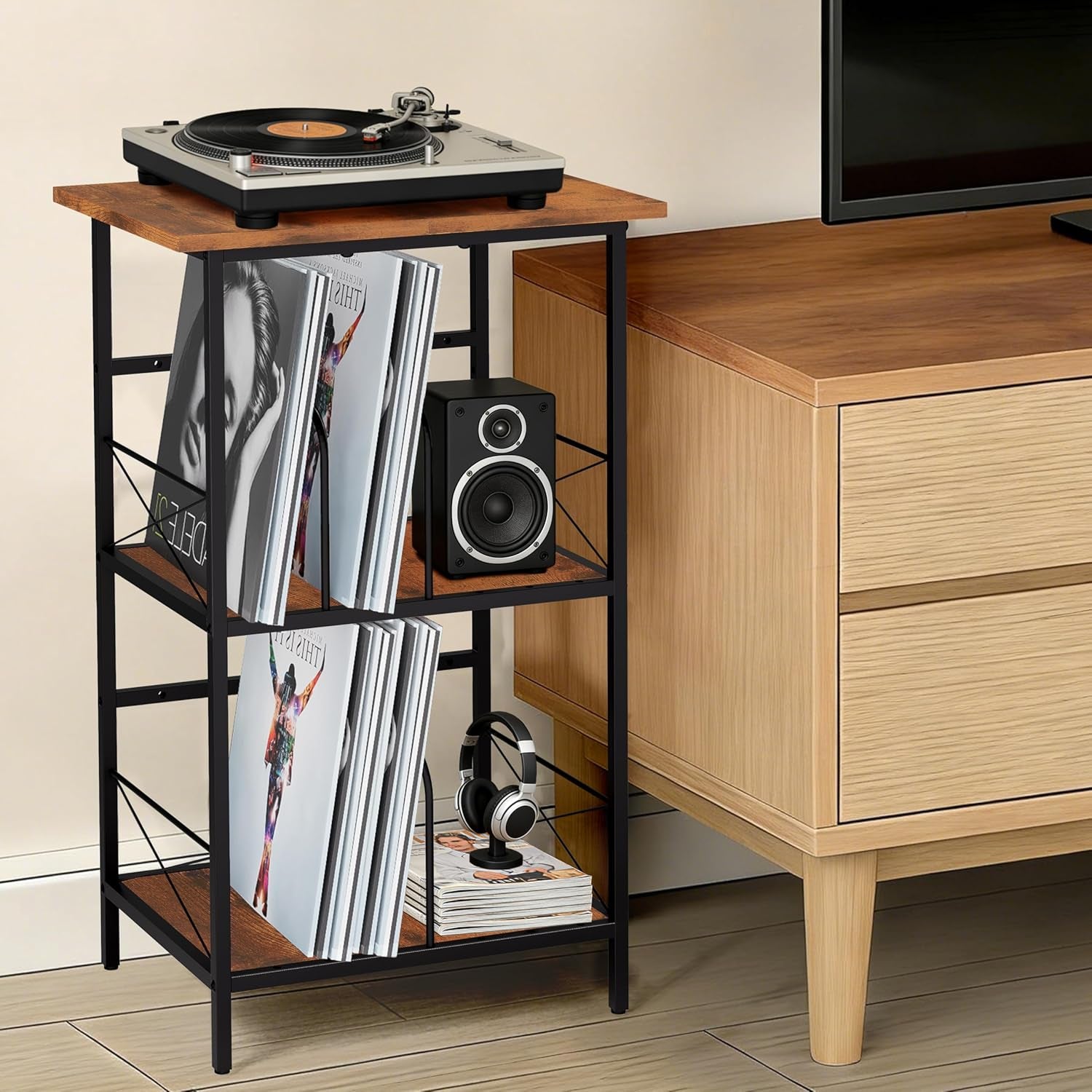 Record Player Stand with 4 Adjustable Dividers, Vinyl Record Storage Holds 200 Lps, 3 Layer End Table, Multi-Functional Record Player Table for Home, Rustic Brown