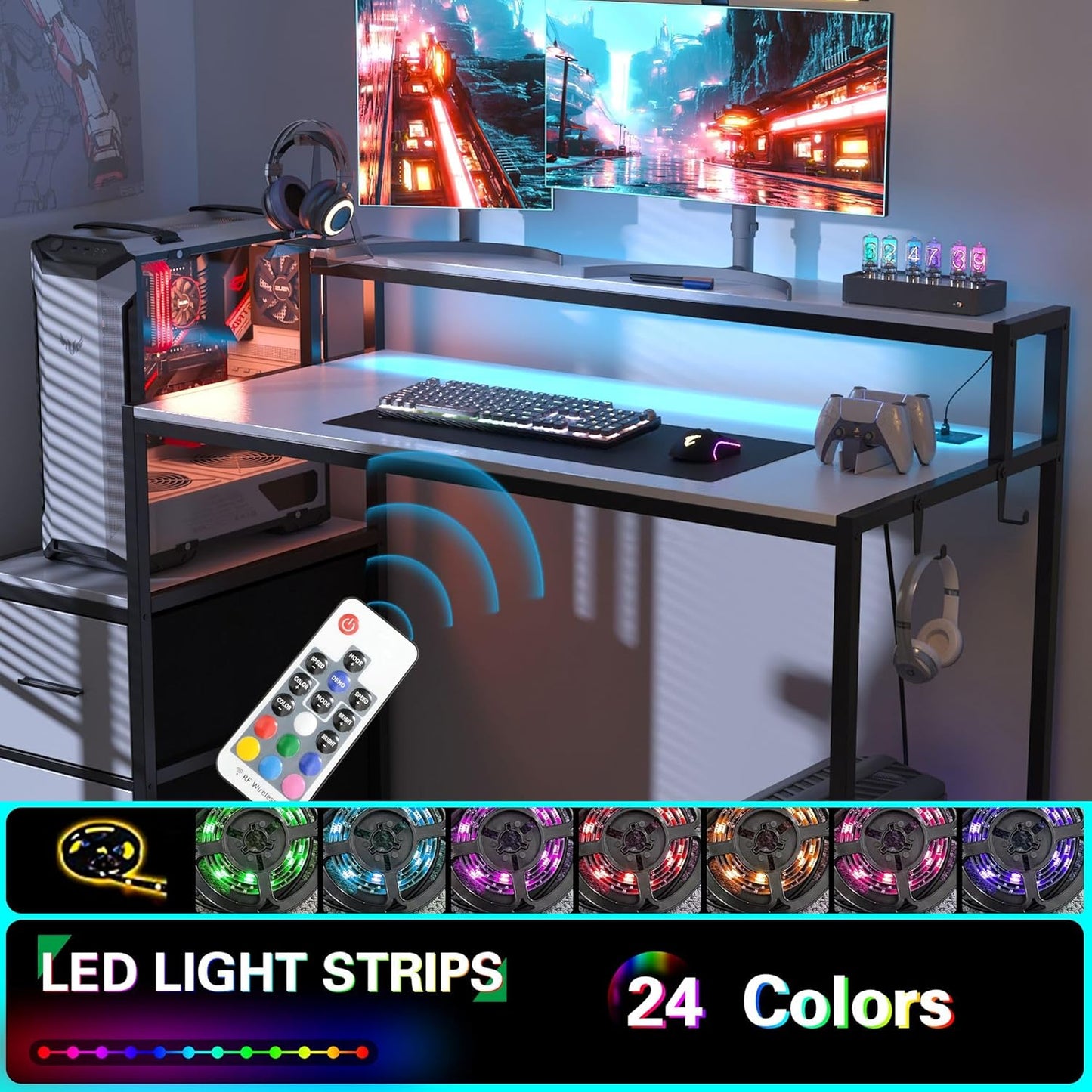 50 Inch Gaming Desk with LED Lights and Power Outlets, White Compact Computer Office Desk with Storage Shelves,Monitor Stand & Side Hook, Storage Drawers of Computer Table for Bedroom