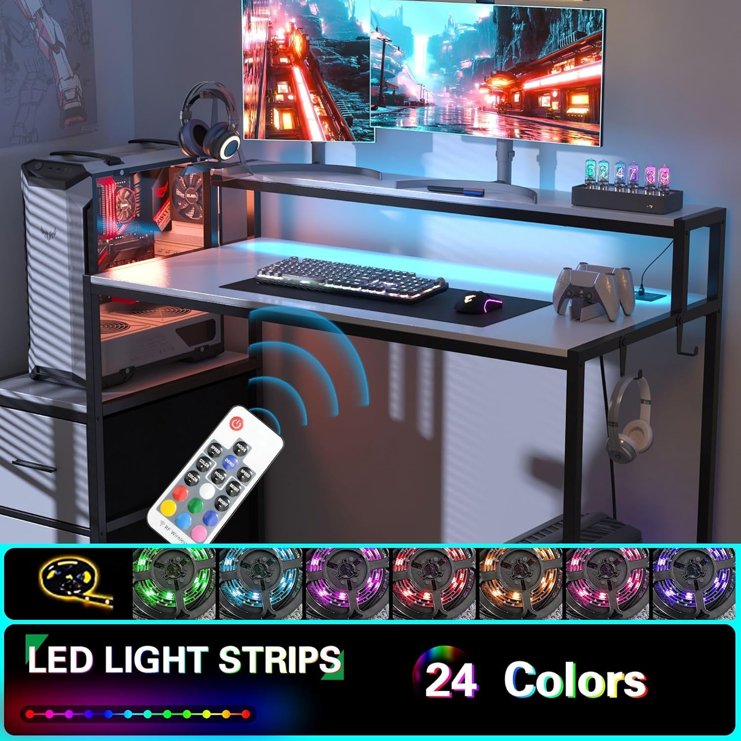 50 Inch Gaming Desk with LED Lights and Power Outlets, White Compact Computer Office Desk with Storage Shelves,Monitor Stand & Side Hook, Storage Drawers of Computer Table for Bedroom