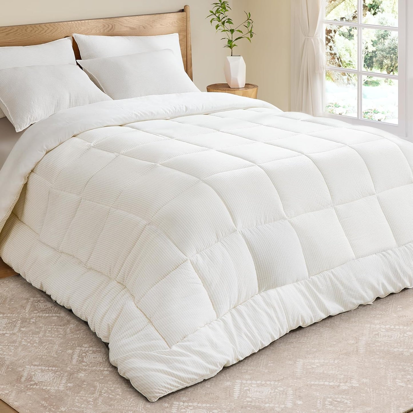 down Alternative Comforter, Qween Size Duvet Insert, 88 X 88 Inches, All-Season Quilt, Breathable Viscose and Soft Microfiber, 300 GSM Fill, for Hot Sleepers, Machine Washable, White