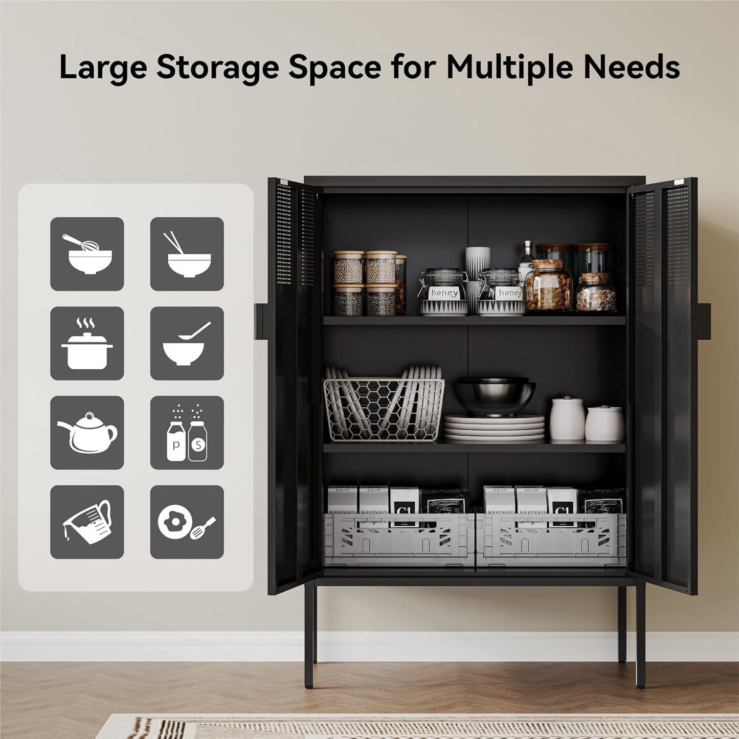 Black Metal Cabinet with Adjustable Shelves, 47”H Industrial Buffet Sideboard & Coffee Bar Station, Ventilated Steel Storage Cabinet with Magnetic Doors for Kitchen, Office, Living Room