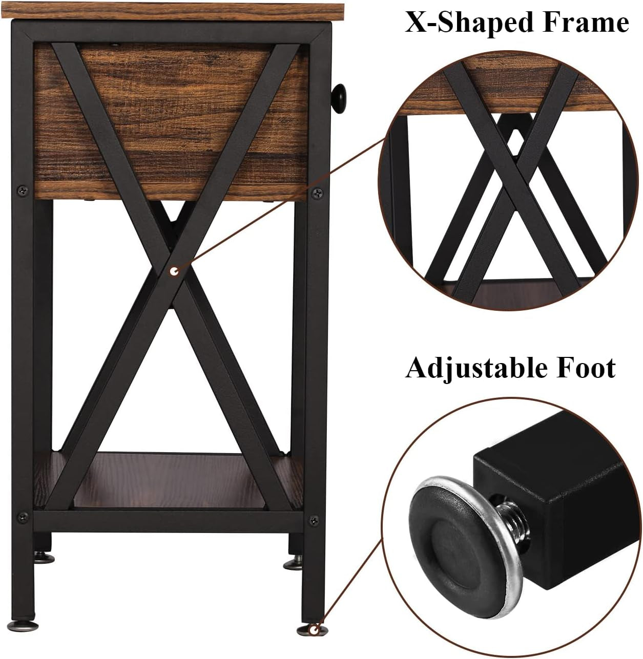 Nightstands Set of 2, Modern Bedside End Tables, Night Stands with Drawer and Storage Shelf for Living Room Bedroom, Industrial Metal Frame