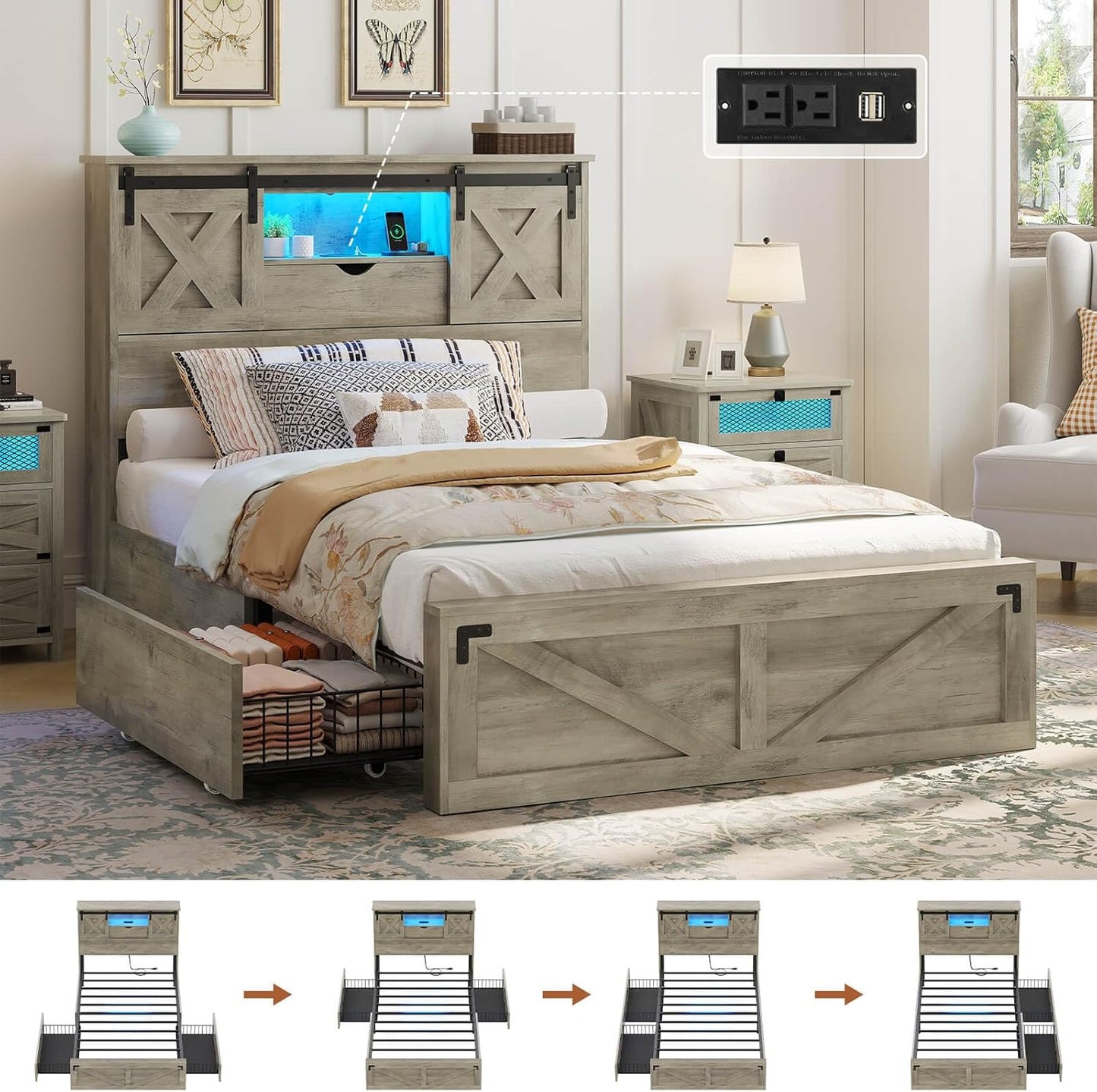 Farmhouse Bed Frame Twin Size with 2 Storage Drawers, Wooden Platform Twin Bed with LED Lights and Charging Station, Rustic Accent Headboard with Sliding Barn Door Storage Cabinets