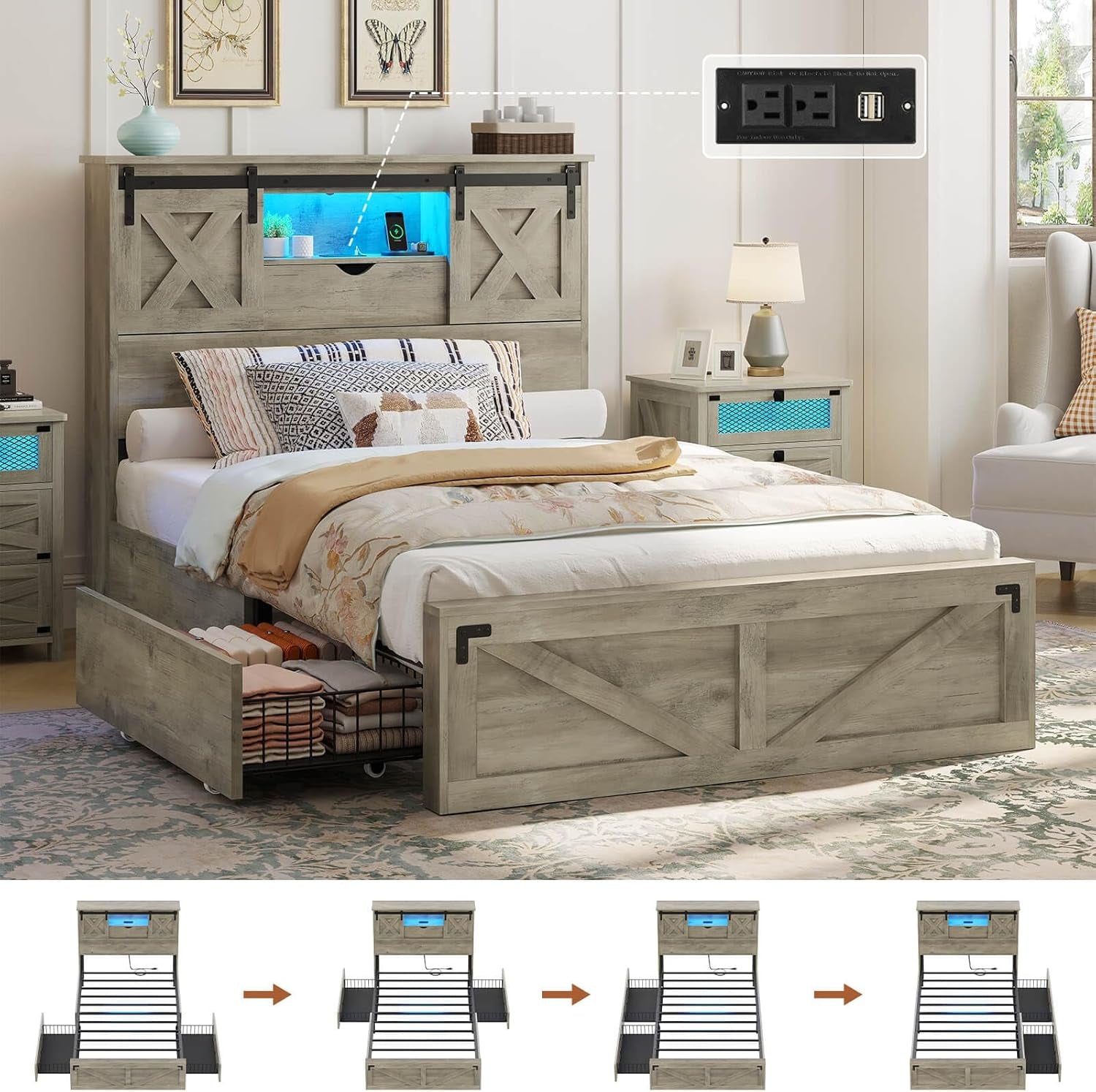 Farmhouse Bed Frame Twin Size with 2 Storage Drawers, Wooden Platform Twin Bed with LED Lights and Charging Station, Rustic Accent Headboard with Sliding Barn Door Storage Cabinets