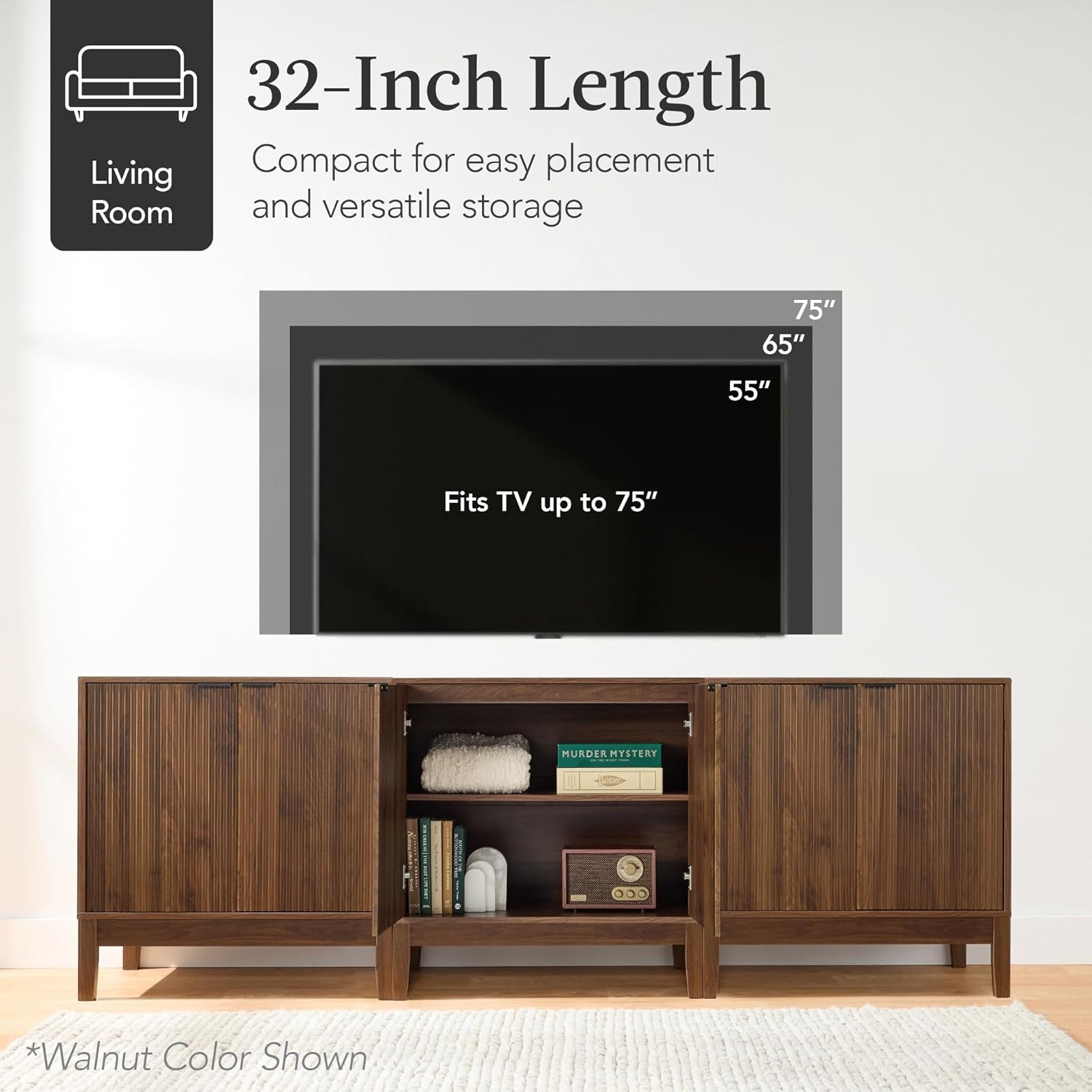 2-Door Modern Storage Cabinet, Buffet, Sideboard, Media Cabinet, Cupboard, Entryway Accent Table, Bookcase W/Reeded Panels and Adjustable Shelves – Black