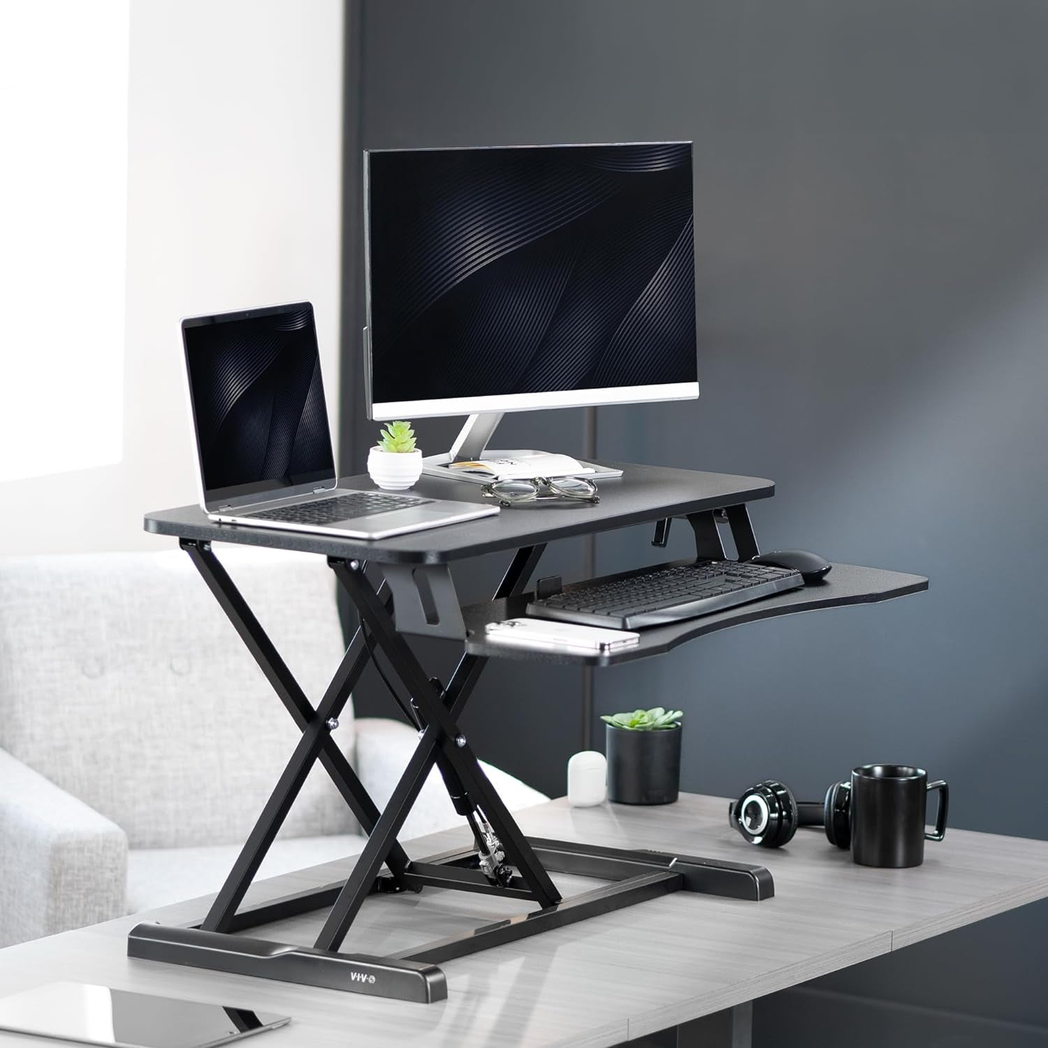 32 Inch Desk Converter, K Series, Height Adjustable Sit to Stand Riser, Dual Monitor and Laptop Workstation with Wide Keyboard Tray, Black, DESK-V000K