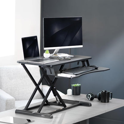 32 Inch Desk Converter, K Series, Height Adjustable Sit to Stand Riser, Dual Monitor and Laptop Workstation with Wide Keyboard Tray, Black, DESK-V000K