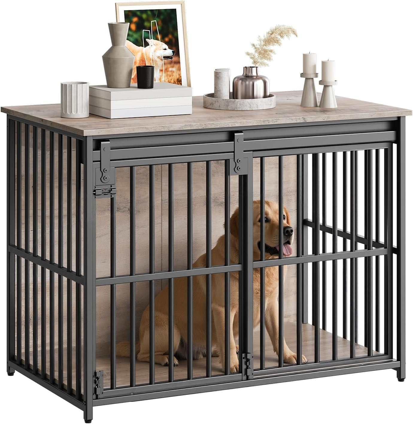 Dog Crate Furniture, 36.6" Heavy Duty Dog Kennel with Sliding Barn Door, Wooden Dog Cage Indoor, Decorative Side End Table for Small/Medium Dogs, Greige and Black GY162GW03G1