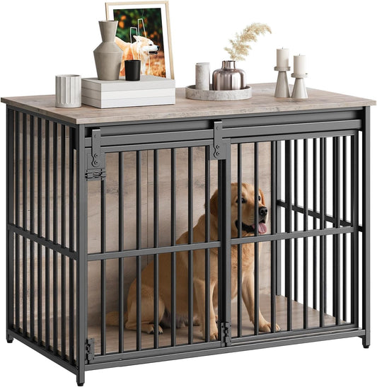 Dog Crate Furniture, 36.6" Heavy Duty Dog Kennel with Sliding Barn Door, Wooden Dog Cage Indoor, Decorative Side End Table for Small/Medium Dogs, Greige and Black GY162GW03G1