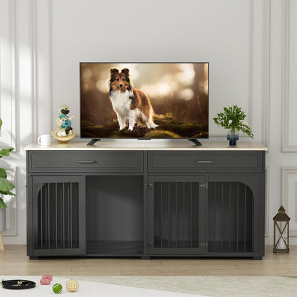 74.8'' Dog Crate Furniture, Wooden Dog Crate with 2 Drawers and Removable Divider, Heavy Duty Dog Kennel Indoor TV Stand for Small Large Medium Dogs, White