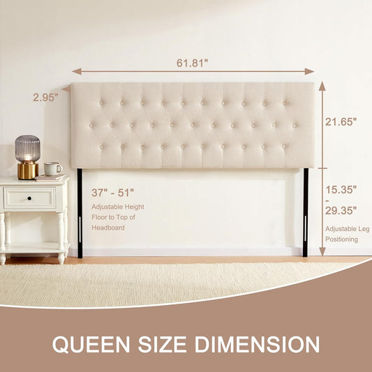 Tufted Upholstered Headboard Queen Size, Solid Wood Head Board with Durable Metal Legs, Adjustable Height Bed Headboard from 37” to 51” Fabric Headboard in Modern Button Design, Beige