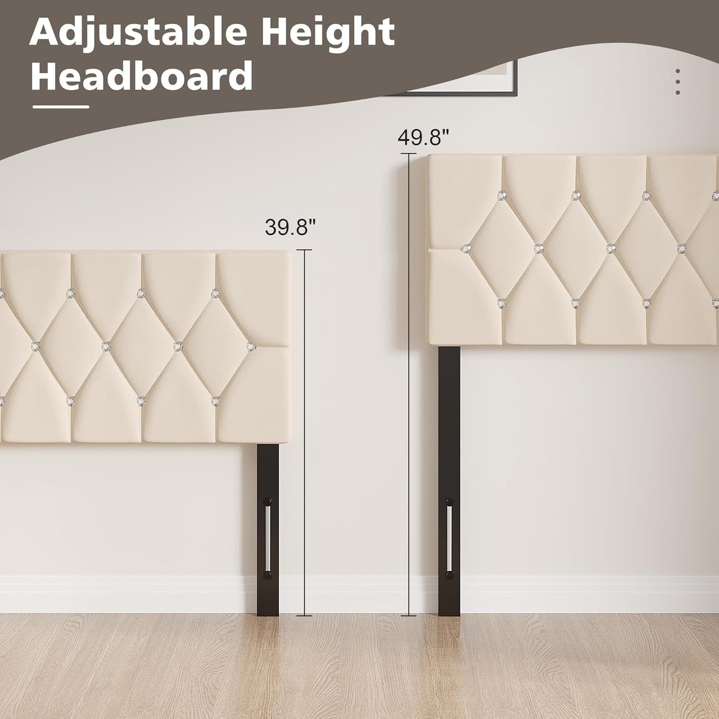 Tufted Upholstered Headboard Queen Size, with 6 Adjustable Height from 39.8" to 49.8", Button Diamond Design, Easy Assembly, Beige