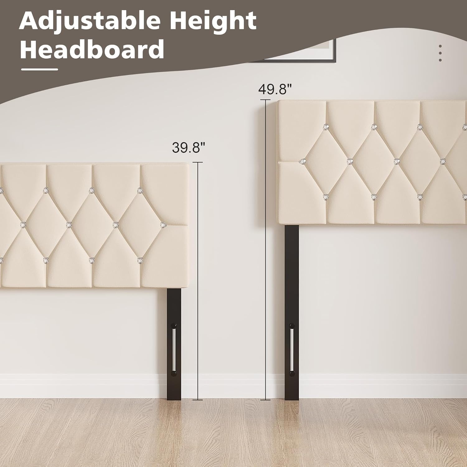 Tufted Upholstered Headboard Queen Size, with 6 Adjustable Height from 39.8" to 49.8", Button Diamond Design, Easy Assembly, Beige