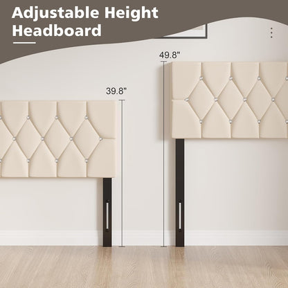 Tufted Upholstered Headboard Queen Size, with 6 Adjustable Height from 39.8" to 49.8", Button Diamond Design, Easy Assembly, Beige