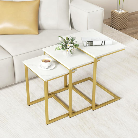 Nesting Coffee Tables Set of 3, Rectangular Nesting Center Table with Faux Marble Top & Metal Frame, Modern C-Shaped Nested Side Table Set for Living Room, Bedroom, Gold & White