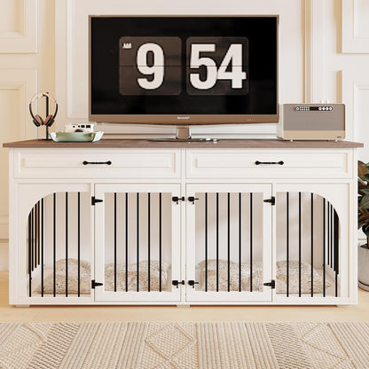 74.8'' Dog Crate Furniture, Wooden Dog Crate with 2 Drawers and Removable Divider, Heavy Duty Dog Kennel Indoor TV Stand for Small Large Medium Dogs, White