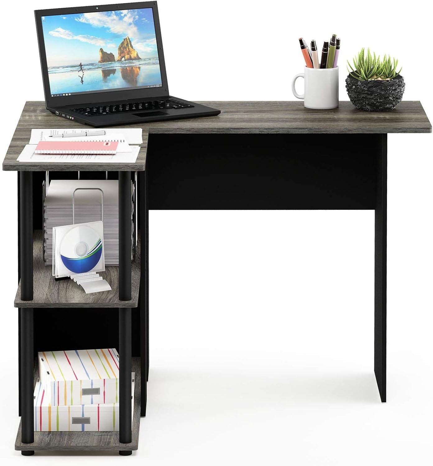 Abbott L-Shape Computer Desk with Bookshelf, French Oak Grey/Black