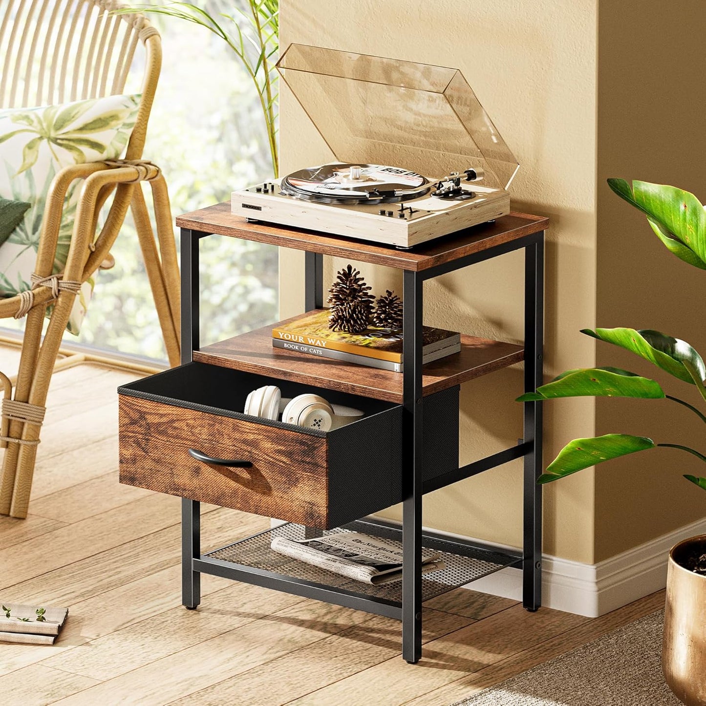Nightstand Set of 2, Night Stand with Fabric Drawer, Mesh Shelf, Side Table with Storage, Fabric Drawer Dresser, Open Shelf, Metal Frame, Bedroom, Rustic Brown