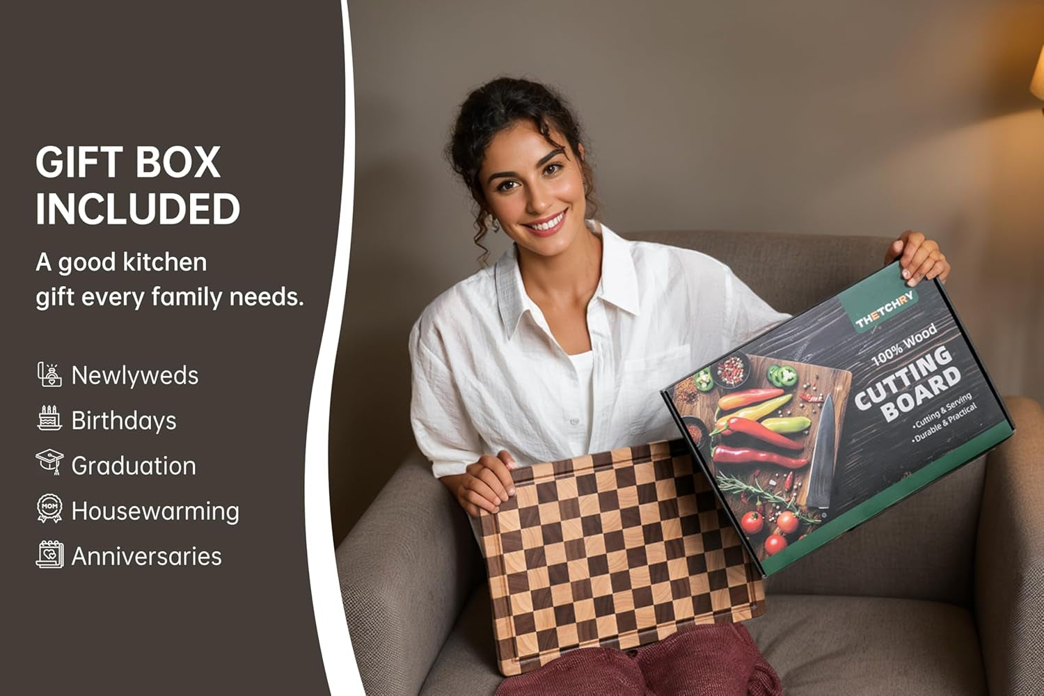 Cutting Boards for Kitchen, Design in USA Large Acacia Wood Chopping Board, Checkered Cutting Board with Juice Grooves & Handles, Butcher Block Serving Tray with Gift Box 16.5" X 11.6" X 0.8"