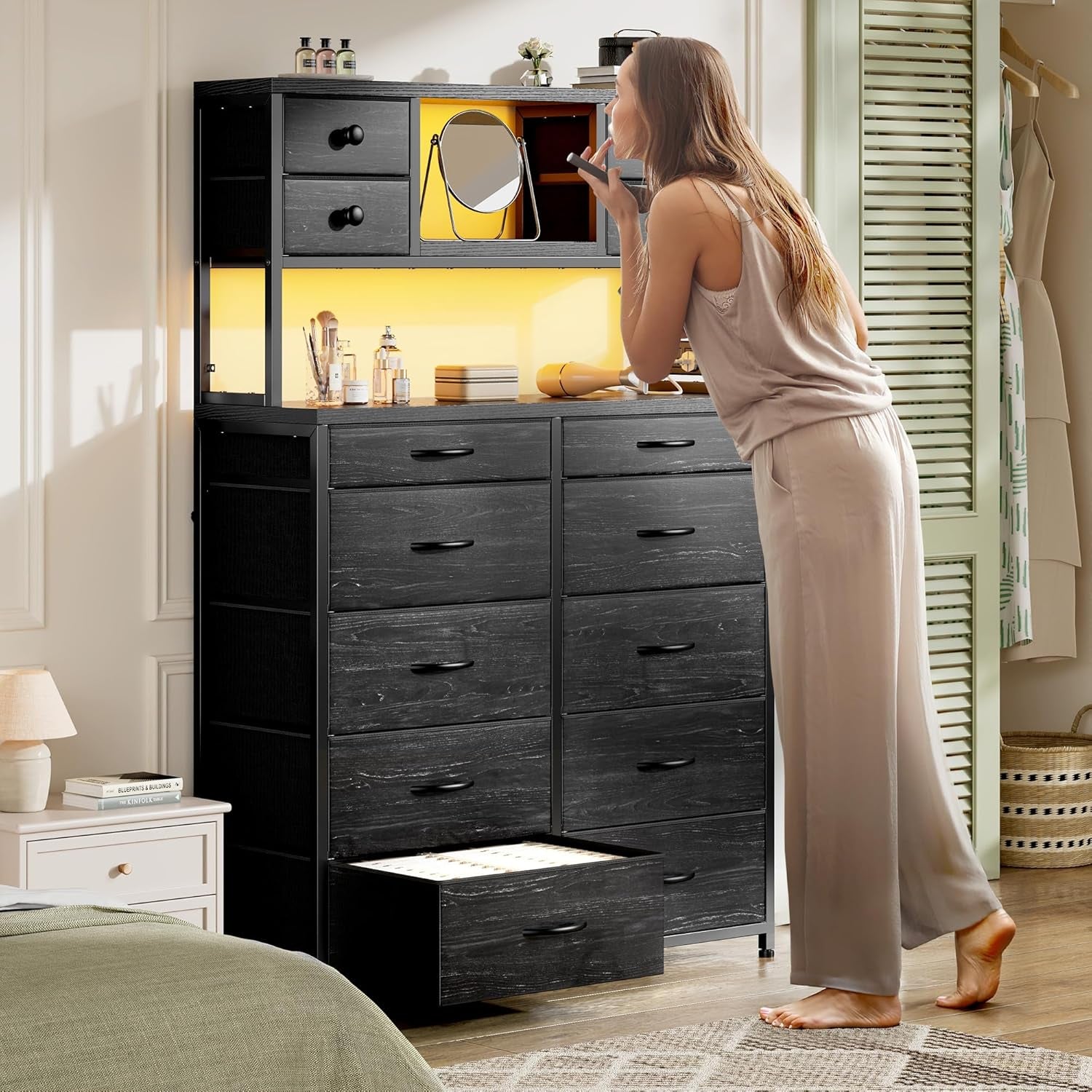 Black Dresser with 14 Fabric Drawers, Dresser for Bedroom with Charging Station and LED Lights,Dressers & Chests of Drawers for Bedroom, Steel Frame & Wooden Top, Entryway