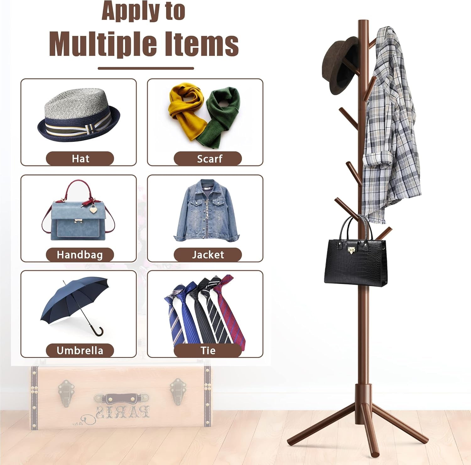 Wooden Coat Rack Stand with 8 Hooks New Zealand Pine 3 Adjustable Coat Standing Tree Easy Assembly for Coats, Hats, Scarves and Handbags for Entryway, Hallway, Bedroom, Office