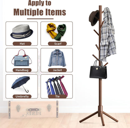 Wooden Coat Rack Stand with 8 Hooks New Zealand Pine 3 Adjustable Coat Standing Tree Easy Assembly for Coats, Hats, Scarves and Handbags for Entryway, Hallway, Bedroom, Office