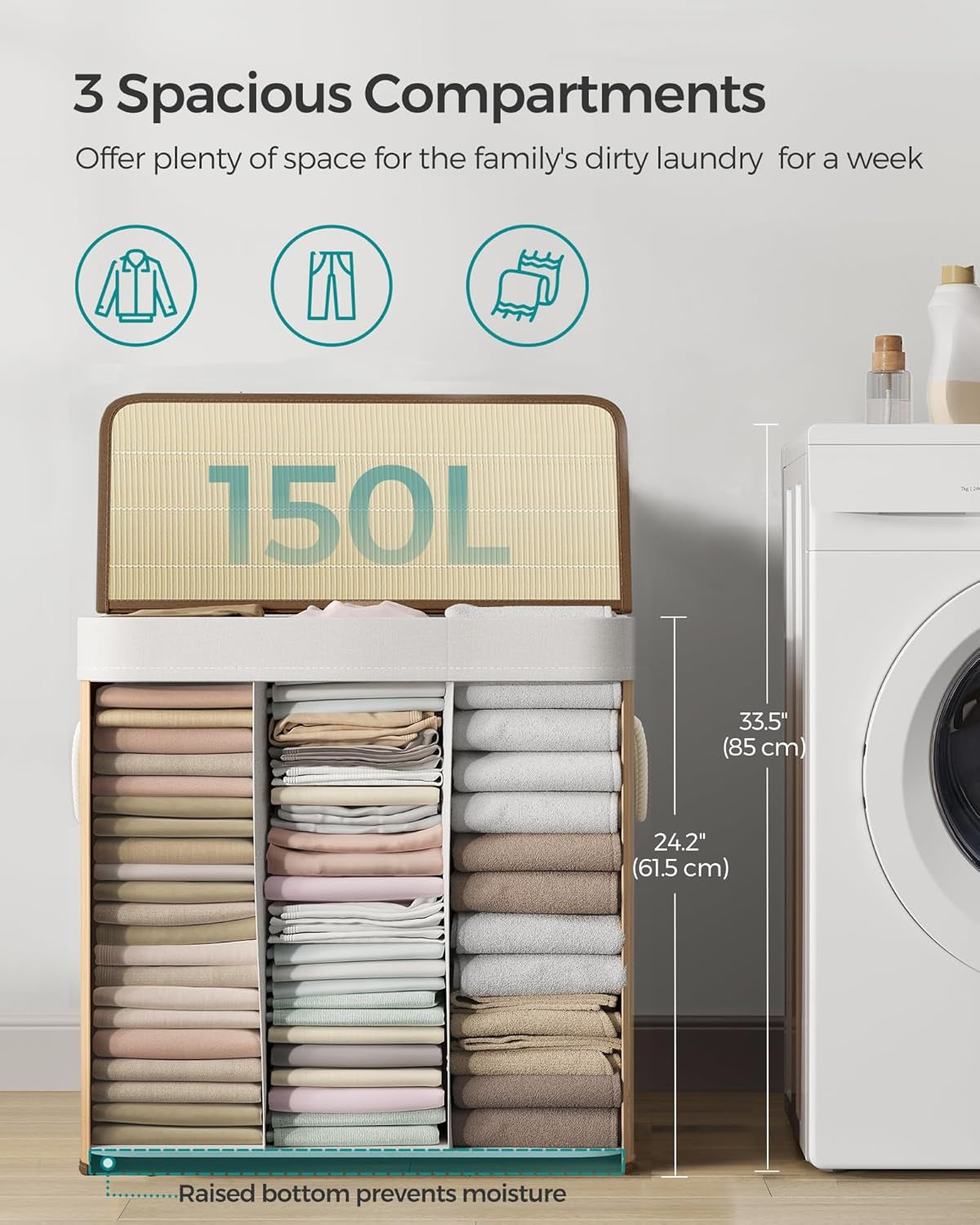 Laundry Hamper, 39.6 Gallons (150L), 3-Section Laundry Basket, Laundry Hamper with Lid, Bamboo, Foldable, Removable and Machine Washable Liner, for Laundry Room, Bedroom, Natural ULCB091N01