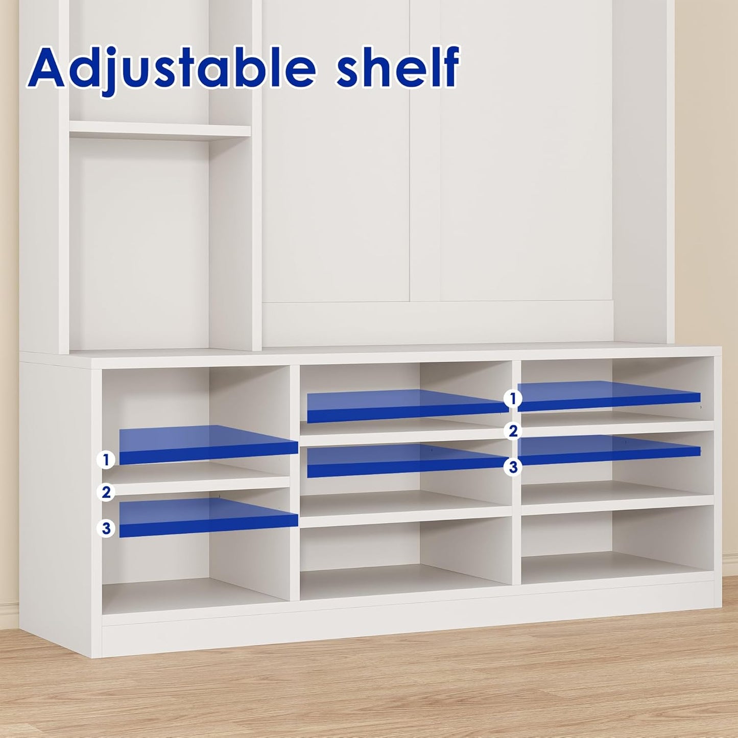 Hall Tree with Bench and Shoe Storage, 5-In-1 Entryway Storage Bench, Shoe Rack with Coat Rack, 8 Shoe Cubbies & 5 Coat Hooks, Adjustable Shelf, White
