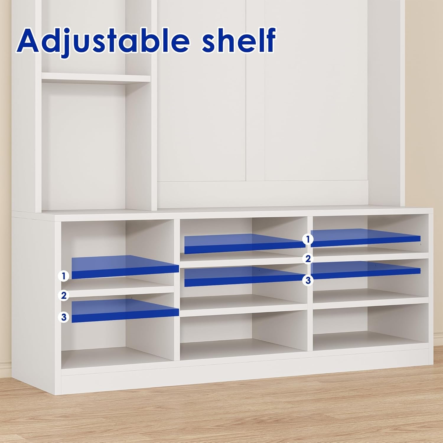 Hall Tree with Bench and Shoe Storage, 5-In-1 Entryway Storage Bench, Shoe Rack with Coat Rack, 8 Shoe Cubbies & 5 Coat Hooks, Adjustable Shelf, White