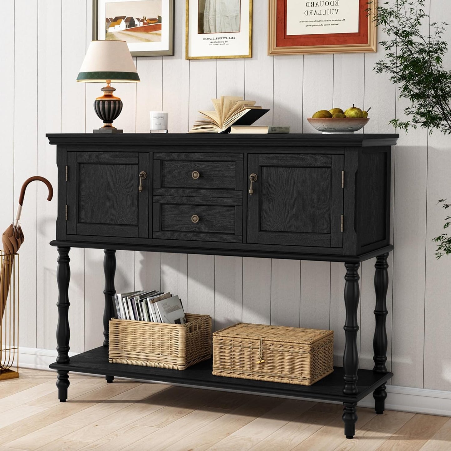 Console Table with 2 Drawers, Retro Entryway Table with 2 Door Cabinets and Open Storage Shelf, Narrow Long behind Couch Sofa Table for Living Room, Foyer, Hallway, Black