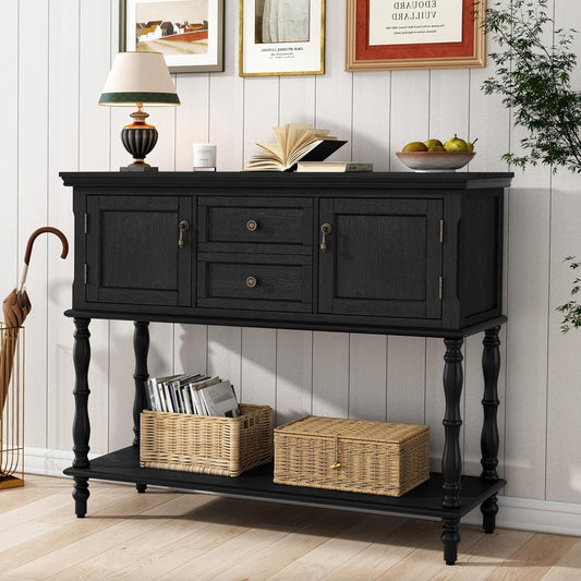 Console Table with 2 Drawers, Retro Entryway Table with 2 Door Cabinets and Open Storage Shelf, Narrow Long behind Couch Sofa Table for Living Room, Foyer, Hallway, Black