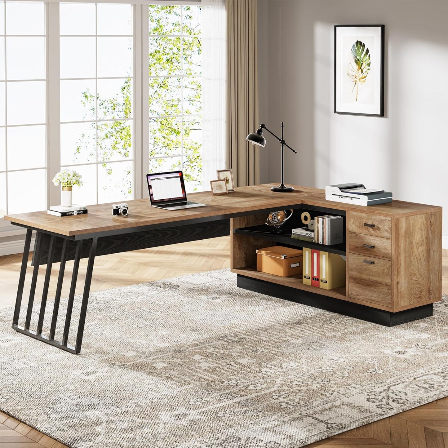71-Inch Executive Desk, L-Shaped Desk with Cabinet, Large Office Desk with Drawers and Storage Shelves, Writing Table Computer Desk for Home Office, Oak and Black