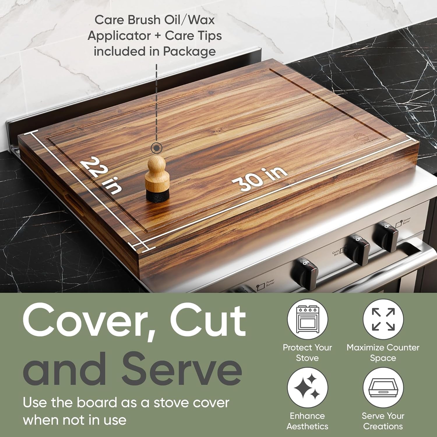 Noodle Board Stove Cover Cutting Board with Handle - Stove Top Cover with Care Brush FSC Certified - Multiuse Gas Stove Cover Board for Serving Chopping Decorating, 30”X22”(Outer) / 28.5”X20.5”(Inner)