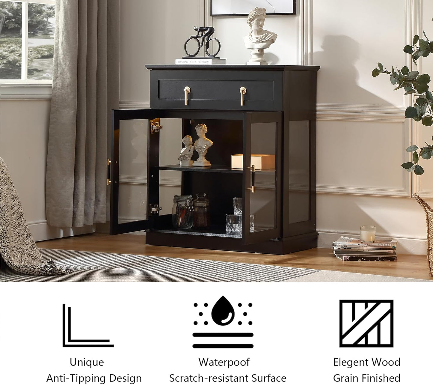 31.5'' Accent Small Buffet Cabinet with Storage, Buffet Sideboard with Two Glass Doors and a Drawer,Small Coffee Bar Cabinet with Adjustable Shelf,For Kitchen and Entryway,Black
