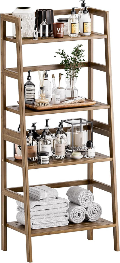Ladder Shelf, 4-Tier Bamboo Bookshelf, Freestanding Open Display Storage Rack, Space Saving Flower Plant Display Stand for Bathroom Living Room, Walnut
