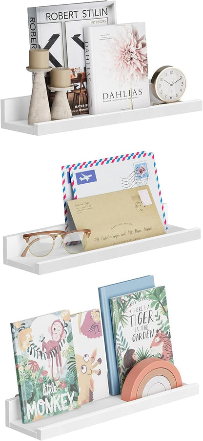 Floating Shelves, Set of 3 Wall Shelves, 15-Inch Wide, for Photo Frames and Trinkets, for Living Room, Home Office, Kitchen, Bathroom, White ULWS38WT