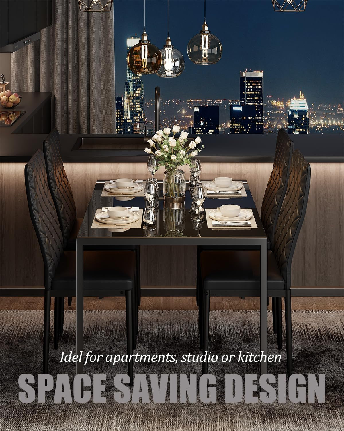 Dining Table Set for 4, Kitchen Table and Chairs Set of 4, 5 Piece Modern Dining Room Table Set with Tempered Glass Top and PU Leather Chairs for Small Space, Apartment, Black