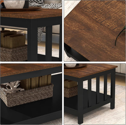 Farmhouse Coffee Table, Black Living Room Table with Shelf, 40 Inch