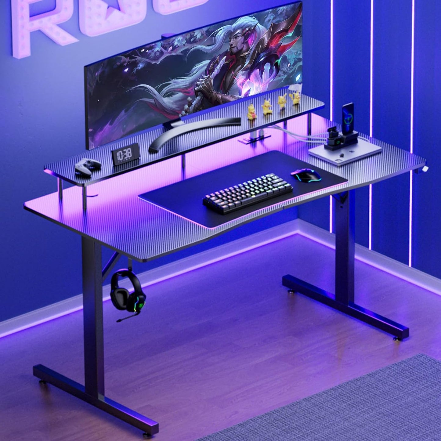 55 Inch Gaming Desk with LED Lights & Power Outlet, Computer Gamer Desk with Monitor Stand, Ergonomic Carbon Fiber Gaming Table Home Office Desk with Headphone Hook & Mouse Pad