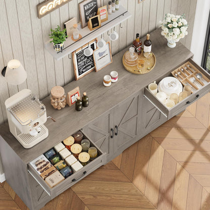 71” Large Sideboard Buffet Cabinet with Storage, Farmhouse Kitchen Buffet Cabinet with Adjustable Shelves and 6 Barn Doors, Wood Coffee Wine Bar Console Table, White, Ash Grey (Ash Grey)